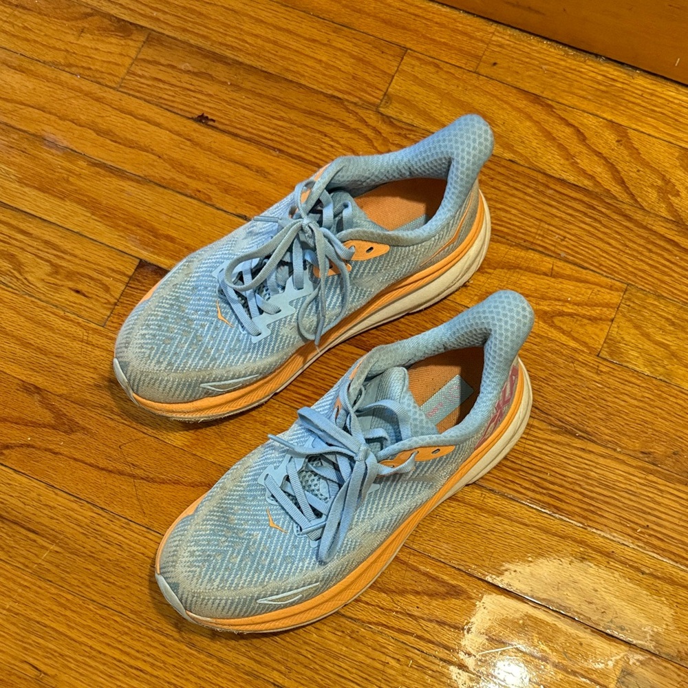 Hoka Clifton 9’s: Blue and Orange Athletic Shoes